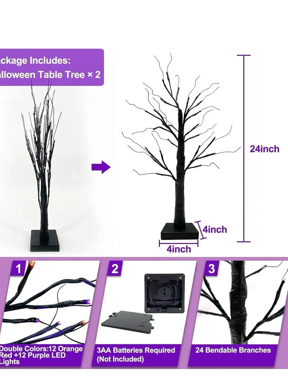 LED Decorative Light Tree Pair - Purple/Orange Accent